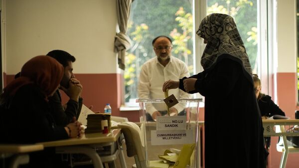 Женщина голосует на избирательном участке в Стамбуле, Турция