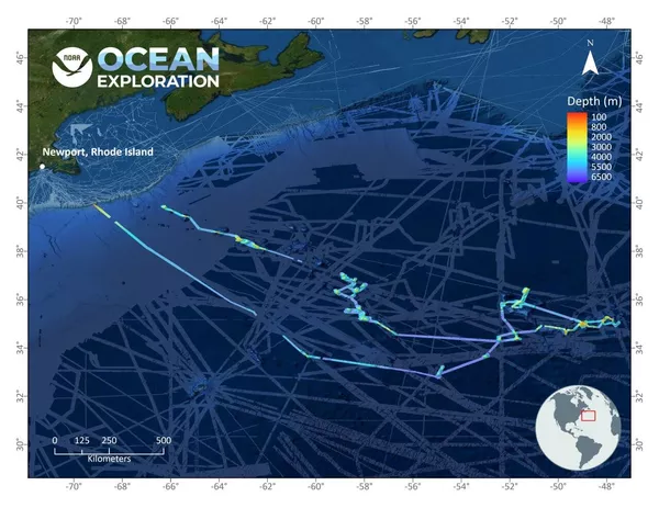 Батиметрический профиль, составленный по итогам одной из экспедиций Национального управления океанических и атмосферных исследований США (NOAA), проведенных в Атлантическом океане в 2021 году. Серо-голубым показана площадь, закартированная ранее