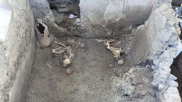 Скелеты двух мужчин, погибших в результате землетрясения, в античном городе Помпеи