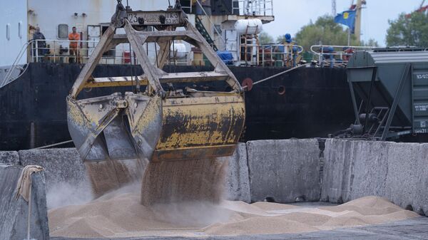  Рабочие загружают зерно в порту Измаила, Украина