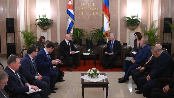 Заместитель председателя правительства РФ Дмитрий Чернышенко и президент Республики Куба Мигель Диас-Канель Бермудес во время встречи в Гаване