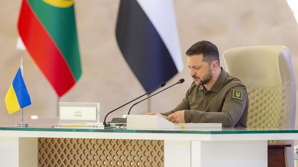 Президент Украины Владимир Зеленский выступает во время саммита Лиги арабских государств (ЛАГ) в Джидде