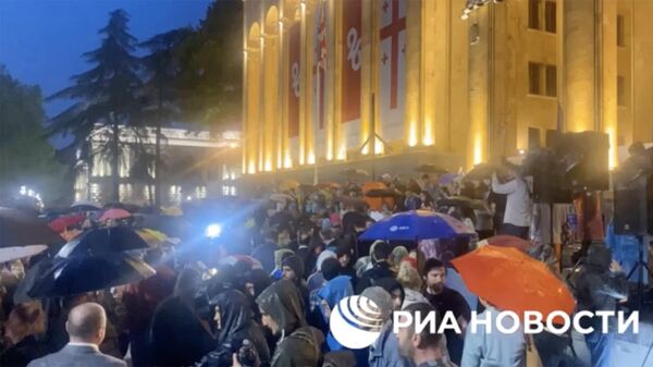 Представители оппозиционной партии Единое национальное движение и их сторонники собрались в пятницу вечером перед зданием парламента, протестуя против возобновления авиасообщения с Россией