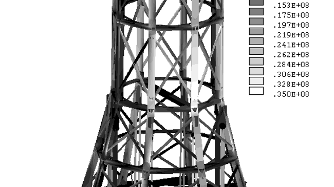 Фрагмент поля интенсивности напряжений σi (Па) для четырех нижних ярусов металлоконструкции шпиля
