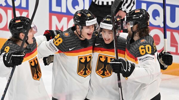 Хоккеисты сборной Германии в матче чемпионата мира 2023 года