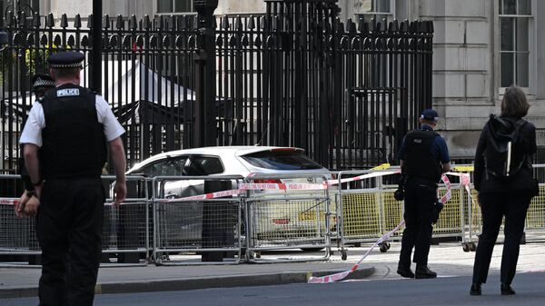 Сотрудники полиции у ворот резиденции британского премьер-министра в Лондоне, куда врезался автомобиль
