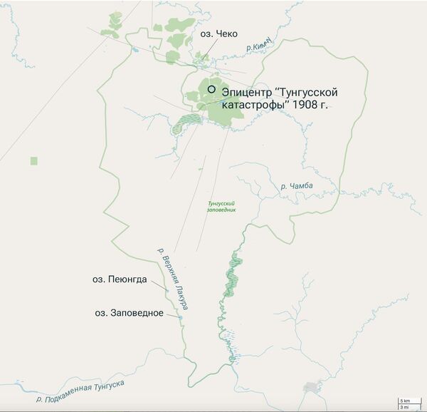 Географическое положение озер Чеко, Заповедное и Пеюнгда относительно эпицентра Тунгусской катастрофы Географическое положение озер Чеко, Заповедное и Пеюнгда относительно эпицентра Тунгусской катастрофы