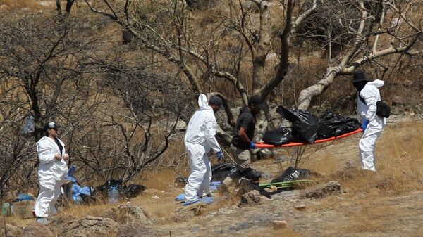 Сотрудники правоохранительных органов Мексики на месте обнаружения мешков с частями тел в ущелье в Сапопане. 31 мая 2023