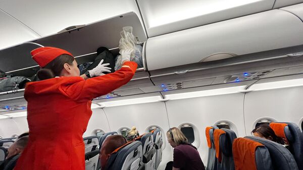 Бортпроводница помогает уложить багаж на полках в самолете