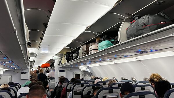Пассажиры рассаживаются по местам в самолете