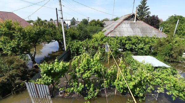 Затопленный садовый участок в Новой Каховке после разрушения Каховской ГЭС