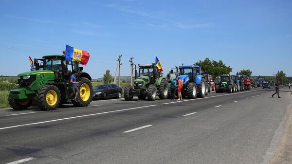 Сельскохозяйственная техника молдавских аграриев во время акции протеста на трассе близ Леушен
