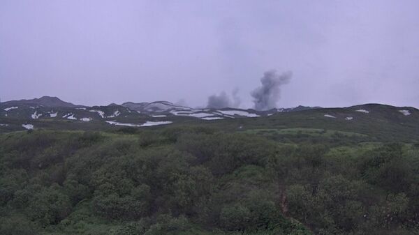 Пепловый выброс на вулкане Эбеко
