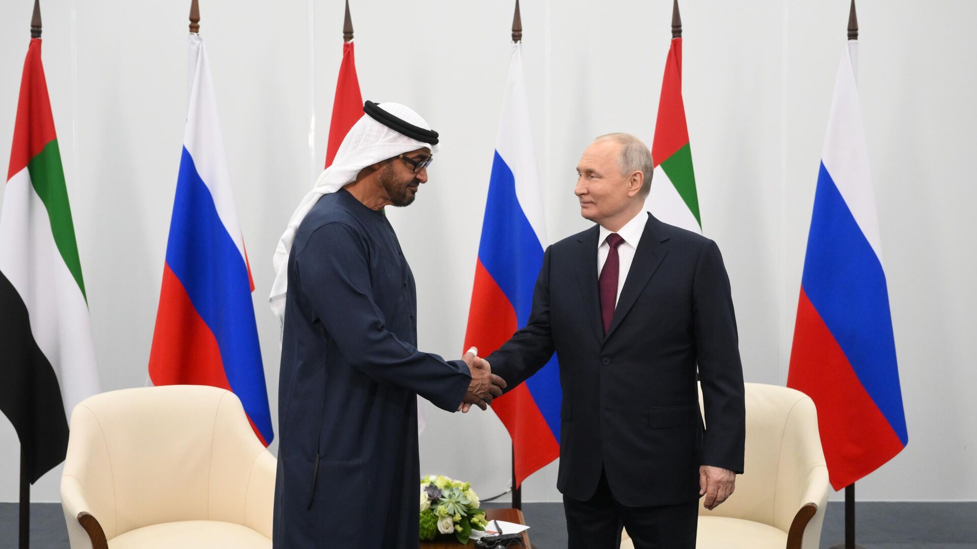 Президент РФ Владимир Путин и президент ОАЭ шейх Мухаммед бен Заид Аль Нахайян во время встречи на полях ПМЭФ - РИА Новости, 1920, 16.06.2023