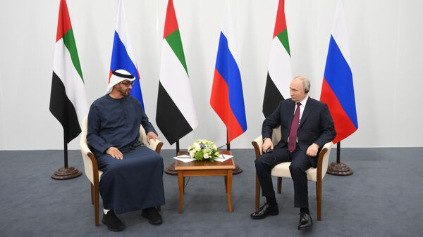 Президент РФ Владимир Путин и президент ОАЭ шейх Мухаммедбен Заид Аль Нахайян во время встречи на полях ПМЭФ