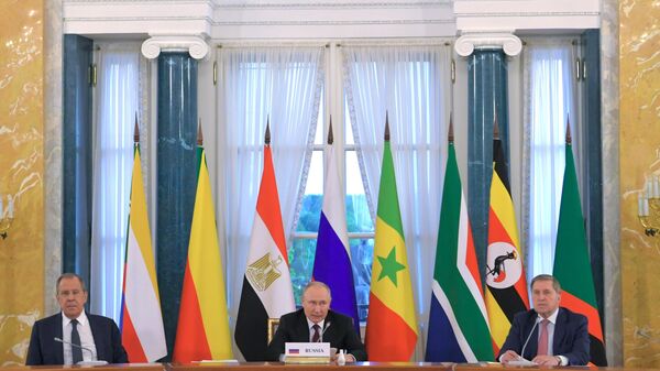 Президент РФ Владимир Путин на встрече с лидерами ряда африканских государств, прибывшими в Санкт-Петербург для проведения переговоров о возможных путях урегулирования ситуации вокруг Украины