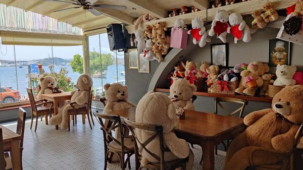 В ресторане Su Bodrum на свободных местах сидят игрушечные медведи