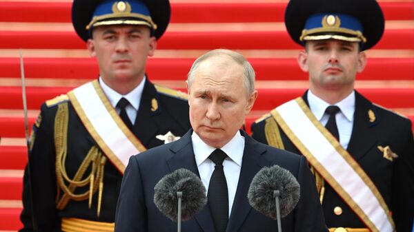 Президент РФ Владимир Путин во время обращения к подразделениям Минобороны, Росгвардии, МВД, ФСБ и ФСО