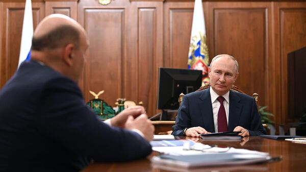 Президент РФ Владимир Путин и председатель правительства РФ Михаил Мишустин во время рабочей встречи в Кремле