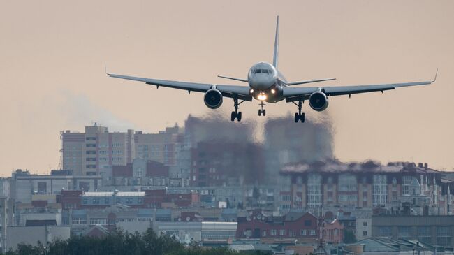 Самолет заходит на посадку в международном аэропорту Омск-Центральный