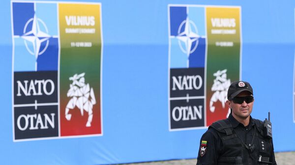 Сотрудник службы безопасности в преддверии саммита НАТО в Вильнюсе