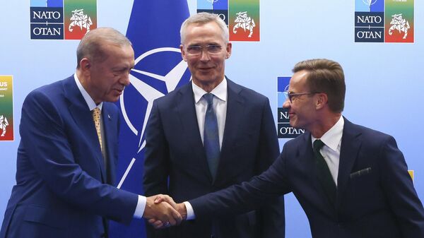 Президент Турции Реджеп Тайип Эрдоган, генсек НАТО Йенс Столтенберг и премьер-министр Швеции Ульф Кристерссон во время встречи на саммите НАТО в Вильнюсе. 10 июля 2023