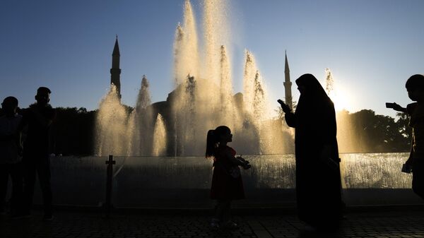 Женщина с ребенком около мечети Святой Софии в Стамбуле