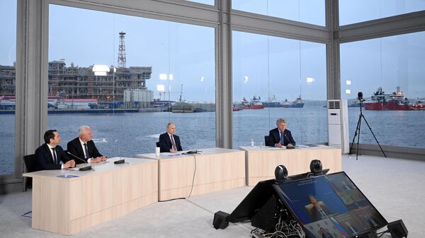 Президент РФ Владимир Путин проводит совещание на тему загрузки Центра строительства крупнотоннажных морских сооружений компании Новатэк-Мурманск. 20 июля 2023