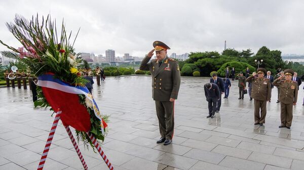 Церемония возложения цветов к Монументу освобождения в Пхеньяне