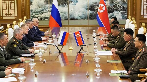 Министр обороны Российской Федерации Сергей Шойгу во время переговоров с главой военного ведомства КНДР генералом армии Кан Сун Намом в Пхеньяне