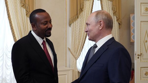 Президент РФ Владимир Путин и премьер-министр Эфиопии Абий Ахмед Али во время встречи в рамках экономического и гуманитарного форума Россия - Африка