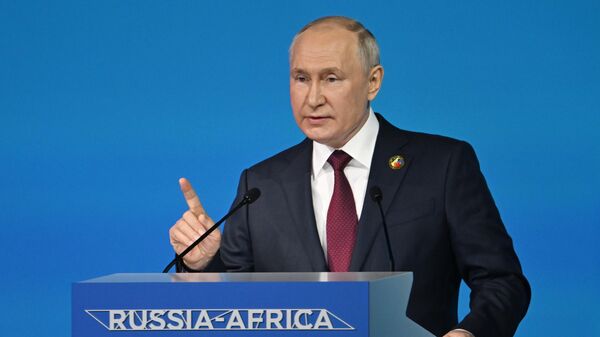 Владимир Путин выступает на пленарном заседании II Cаммита и форума Россия - Африка