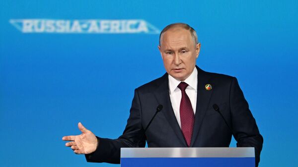 Президент России Владимир Путин выступает на пленарном заседании II Cаммита и форума Россия - Африка 