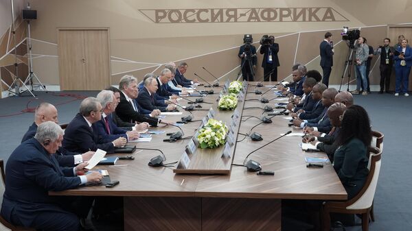 Президент РФ Владимир Путин и президент Республики Мозамбик Филипе Ньюси проводят встречу на полях II саммита и форума Россия - Африка в Санкт-Петербурге