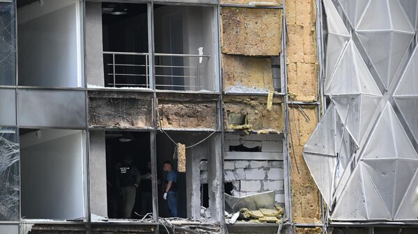 Здание делового центра Москва-сити, поврежденное в результате попытки атаки украинских беспилотников