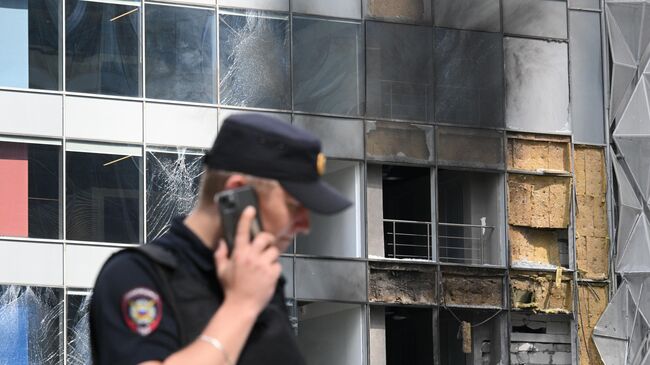 Здание делового центра Москва-сити, поврежденное в результате попытки атаки украинских беспилотников