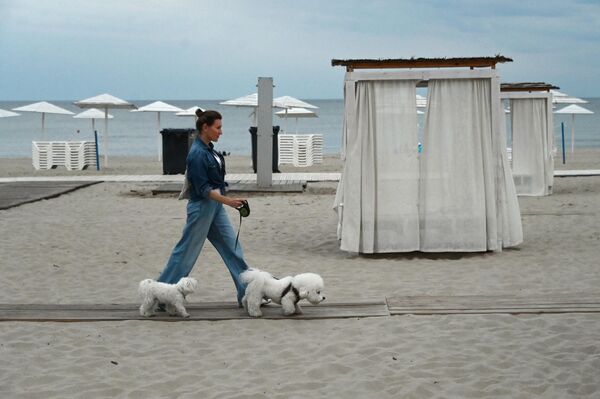 Женщина с собаками на пляже в поселке Янтарный Калининградской области