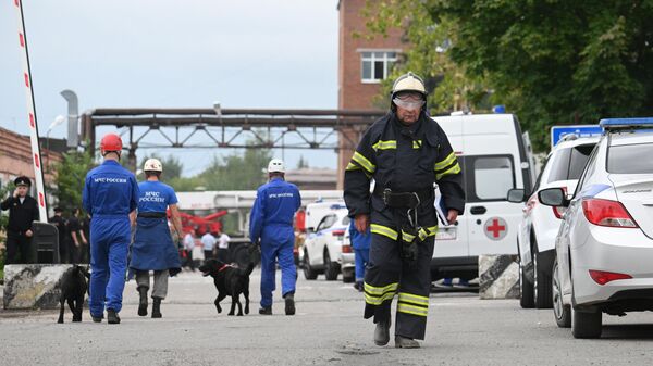 Сотрудники спасательной службы МЧС РФ у Загорского оптико-механического завода в Сергиевом Посаде, на территории которого произошел взрыв