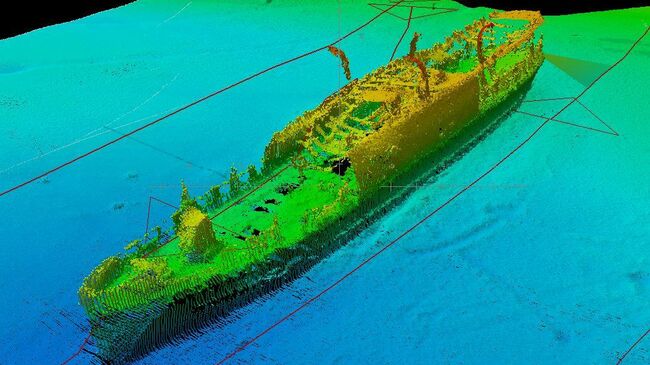 Трехмерное гидроакустическое изображение затонувшего парохода Valamon Luostari