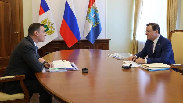 Министр сельского хозяйства РФ Дмитрий Патрушев и губернатор Самарской области Дмитрий Азаров во время встречи