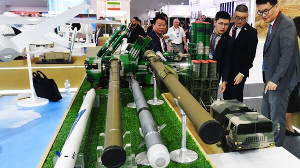 Portable anti-aircraft missile systems at the booth of the Chinese Ministry of Defense at the exhibition as part of the Army-2023 International Military-Technical Forum at the Patriot Convention and Exhibition Center