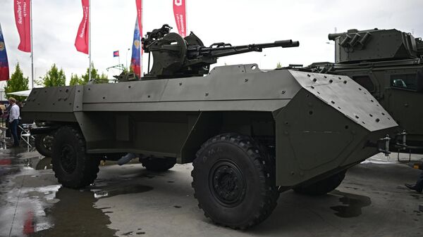 Unmanned armored vehicle Zubilo at the International Military-Technical Forum ARMY-2023 at the Patriot Convention and Exhibition Center