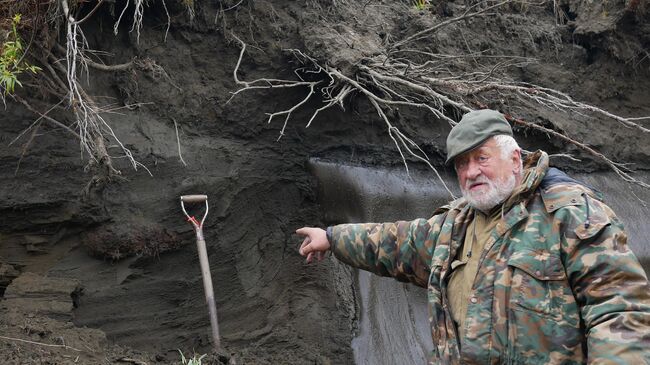 Станислав Губин рядом с норой плейстоценовых грызунов в мерзлых отложениях