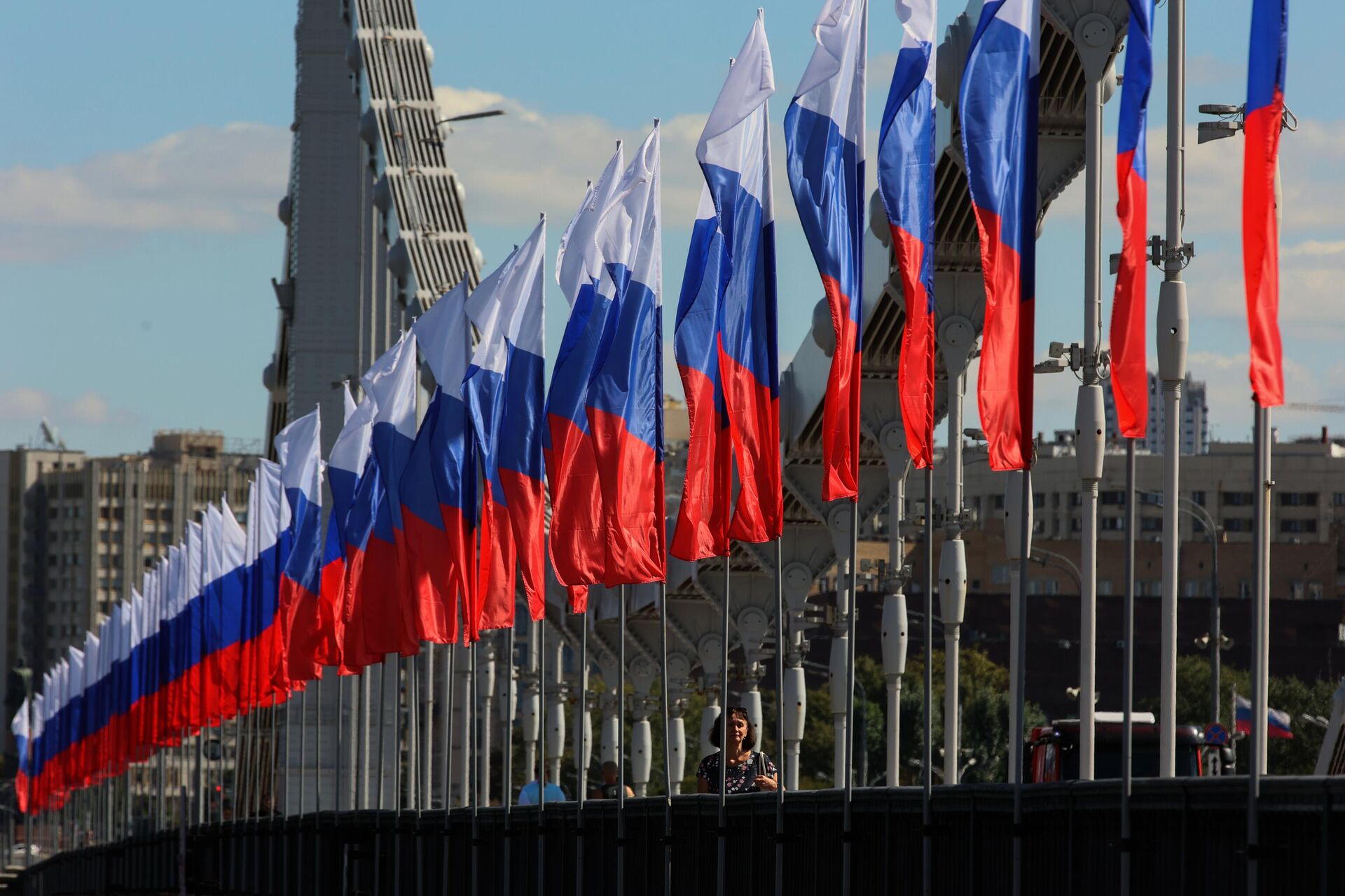 Российские флаги, установленные на Крымском мосту в Москве ко Дню государственного флага России  - РИА Новости, 1920, 11.07.2024