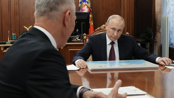 Президент РФ Владимир Путин и временно исполняющий обязанности губернатора Херсонской области Владимир Сальдо во время встречи