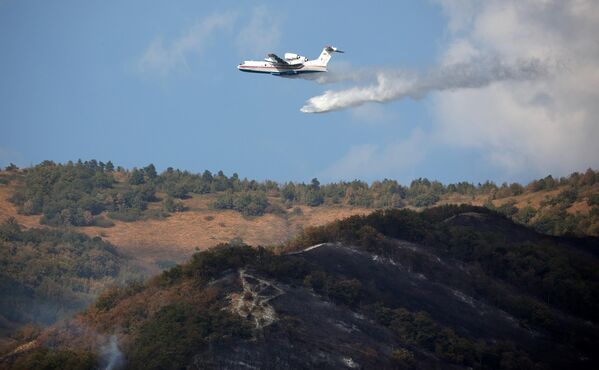Самолет-амфибия Бе-200 сбрасывает воду на месте тушения лесного пожара в Геленджике