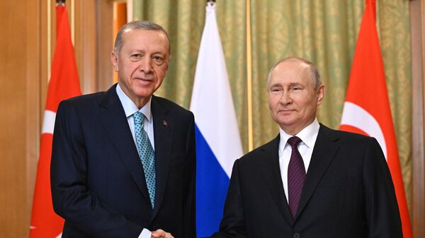 Президент России Владимир Путин и президент Турецкой Республики Реджеп Тайип Эрдоган во время встречи