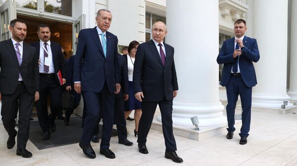 Президент России Владимир Путин и президент Турецкой Республики Реджеп Тайип Эрдоган после встречи в Сочи