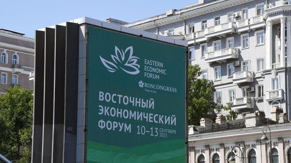 Баннер с символикой Восточного экономического форума - 2023 на улице во Владивостоке