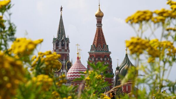 Вид из парка Зарядье на Спасскую башню Московского кремля 